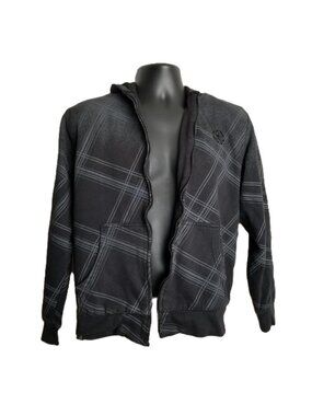 Top Heavy Geometric Plaid Hoodie Size Medium Gray Y2K Vintage Zip Up Streetwear